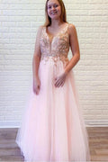Vestido de Fiesta/Formal PSK151 con Cuello en V, Sin Espalda, Línea A, Tul Rosado, Abalorios y Cristales