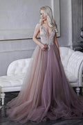 Vestido de Fiesta Princesa Línea A con Tirantes Espagueti, Cola Barrida y Aplicaciones PG787
