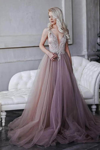 A-Line Princess Spaghetti Straps Sweep Train Prom Dress with Appliques PG787