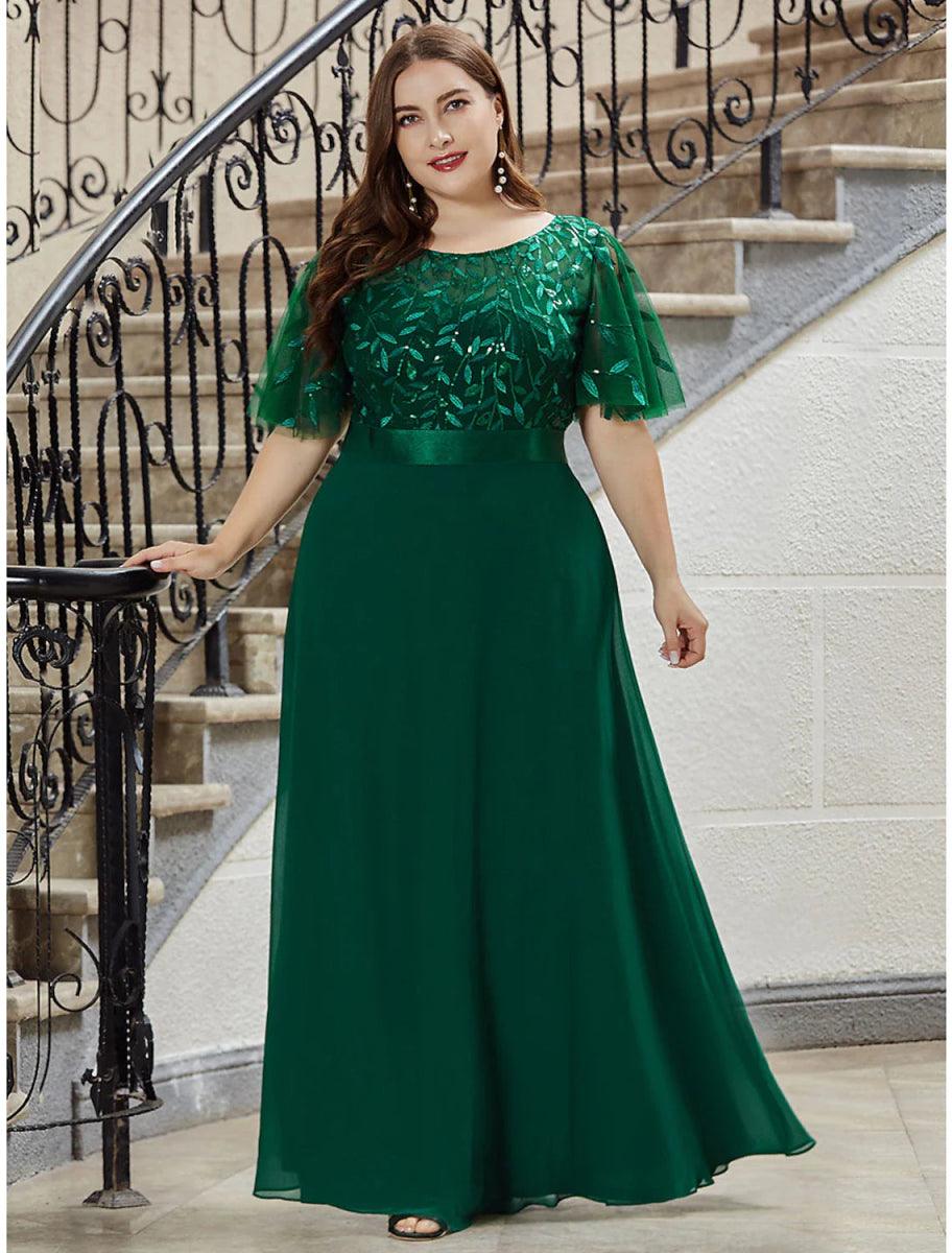 A-Line Prom Dresses Empire Dress Evening Party Wedding Guest Floor Length Short Sleeve Jewel Neck Bridesmaid Dress Chiffon V Back with Sequin