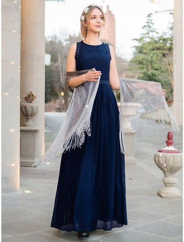 A-Line Prom Dresses Maxi Dress Wedding Guest Prom Floor Length Sleeveless Jewel Neck Bridesmaid Dress Chiffon with Pleats Lace Insert