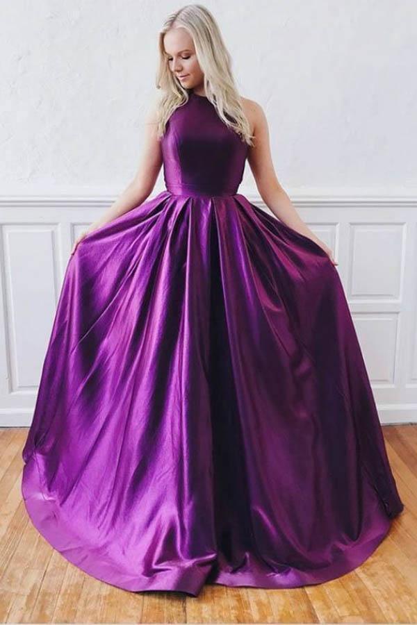 Vestido de festa/formal comprido em cetim roxo com decote em A e costas nuas, alças cruzadas, PG987