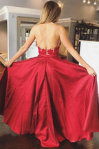Vestido de festa comprido vermelho com apliques em cetim e corte A e bolso PG934