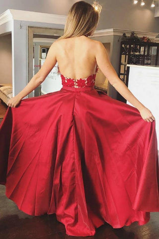 A-Line Satin Appliques Red Long Prom Dress With Pocket  PG934
