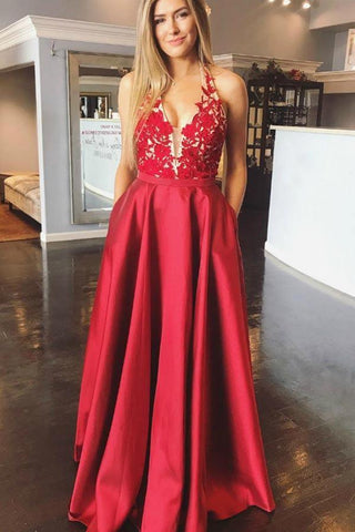 A-Line Satin Appliques Red Long Prom Dress With Pocket  PG934