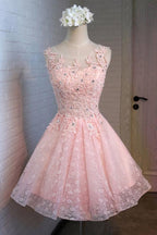 A-Line Round Neck Lace Beaded Homecoming Dress Cocktail Dress PG129