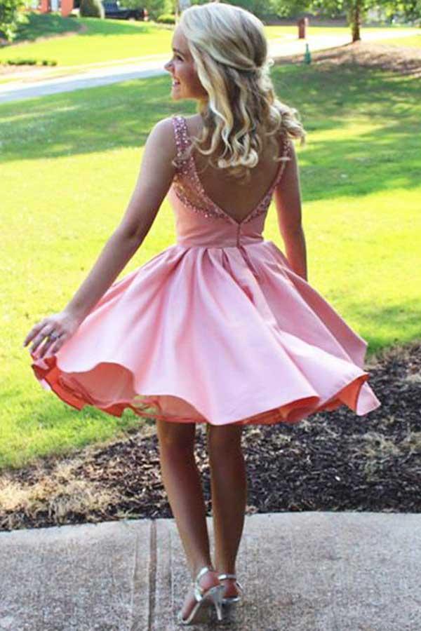 A-Line Round Neck Pink Satin Homecoming/Party Dress with Beading PD079
