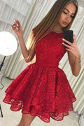 Robe de soirée rentrée des classes à col rond, ligne A, courte, rouge et en dentelle  PD228