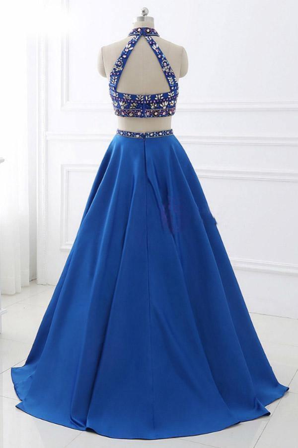 Vestido de festa em cetim azul royal, corte A, duas peças, cai-cai, sem costas, com cristais PG916