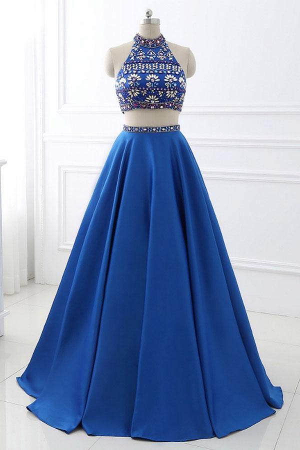 Vestido de festa em cetim azul royal, corte A, duas peças, cai-cai, sem costas, com cristais PG916