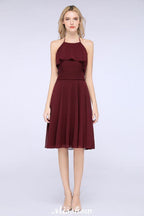 A-Line Ruffles Chiffon Halter Knee-Length Party Dress Simple Bridesmaid Dress