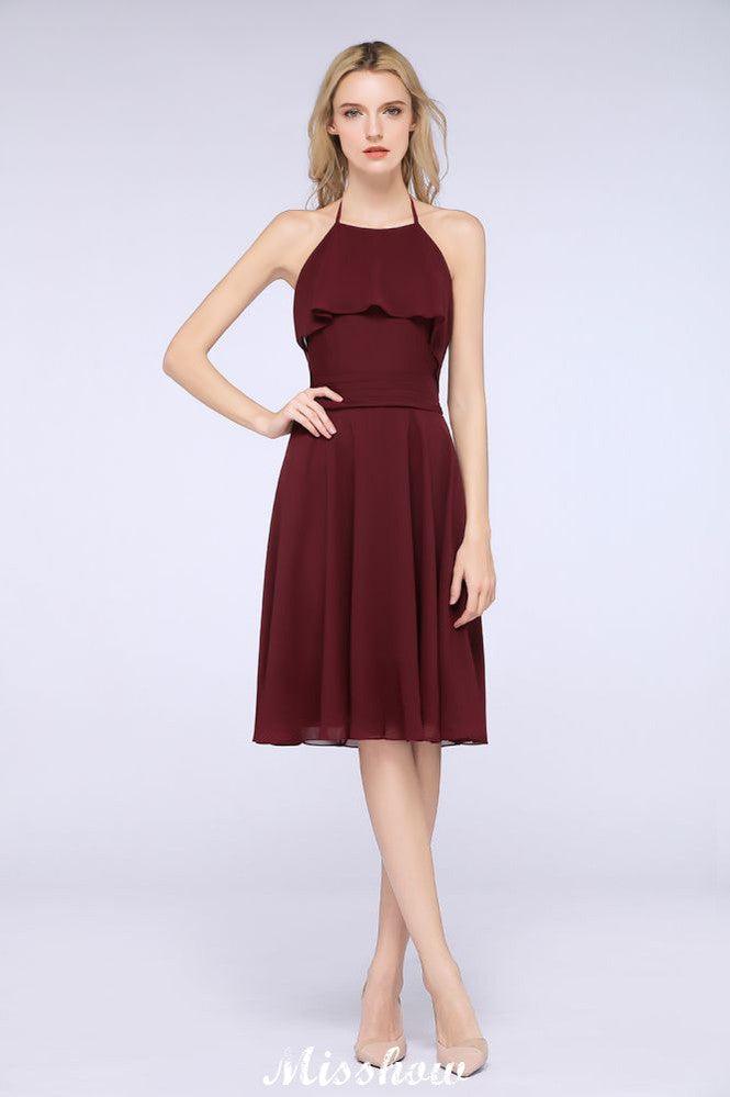 A-Line Ruffles Chiffon Halter Knee-Length Party Dress Simple Bridesmaid Dress