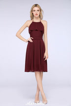 A-Line Ruffles Chiffon Halter Knee-Length Party Dress Simple Bridesmaid Dress