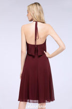A-Line Ruffles Chiffon Halter Knee-Length Party Dress Simple Bridesmaid Dress