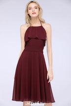 A-Line Ruffles Chiffon Halter Knee-Length Party Dress Simple Bridesmaid Dress