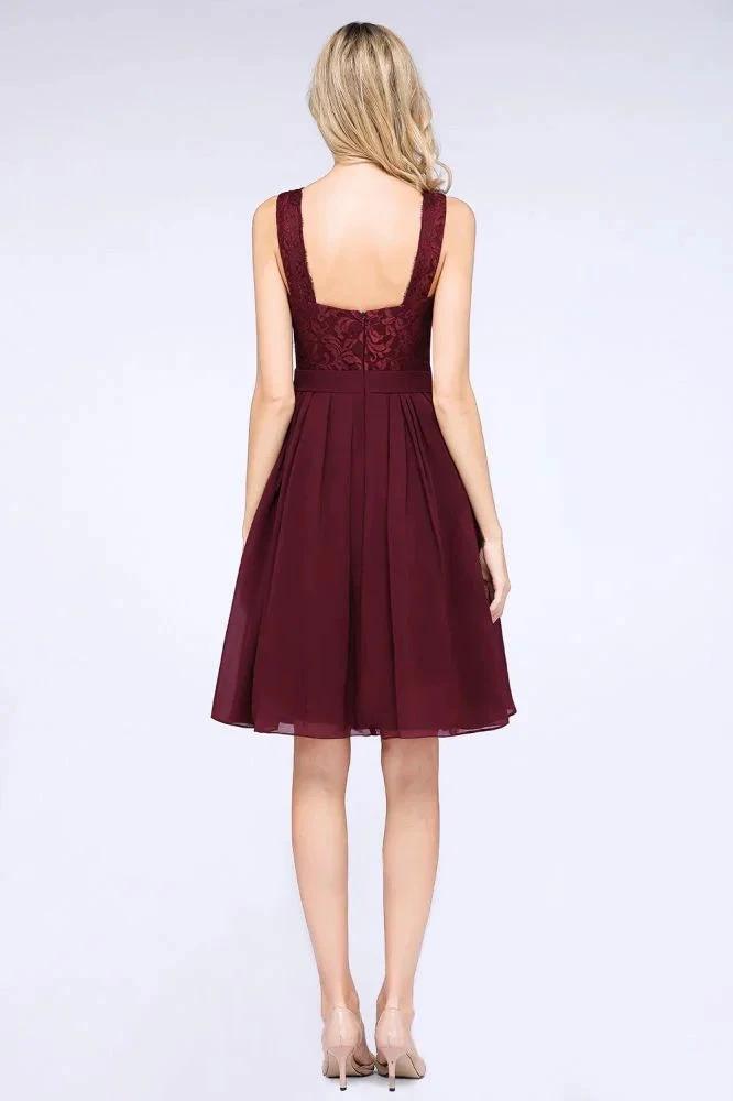 A-Line Ruffles Chiffon Lace V-Neck Evening Party Dress Sleeveless Knee-Length Homecoming Dress by misshow.com