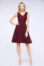 A-Line Ruffles Chiffon Lace V-Neck Evening Party Dress Sleeveless Knee-Length Homecoming Dress by misshow.com