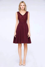 A-Line Ruffles Chiffon Lace V-Neck Evening Party Dress Sleeveless Knee-Length Homecoming Dress by misshow.com