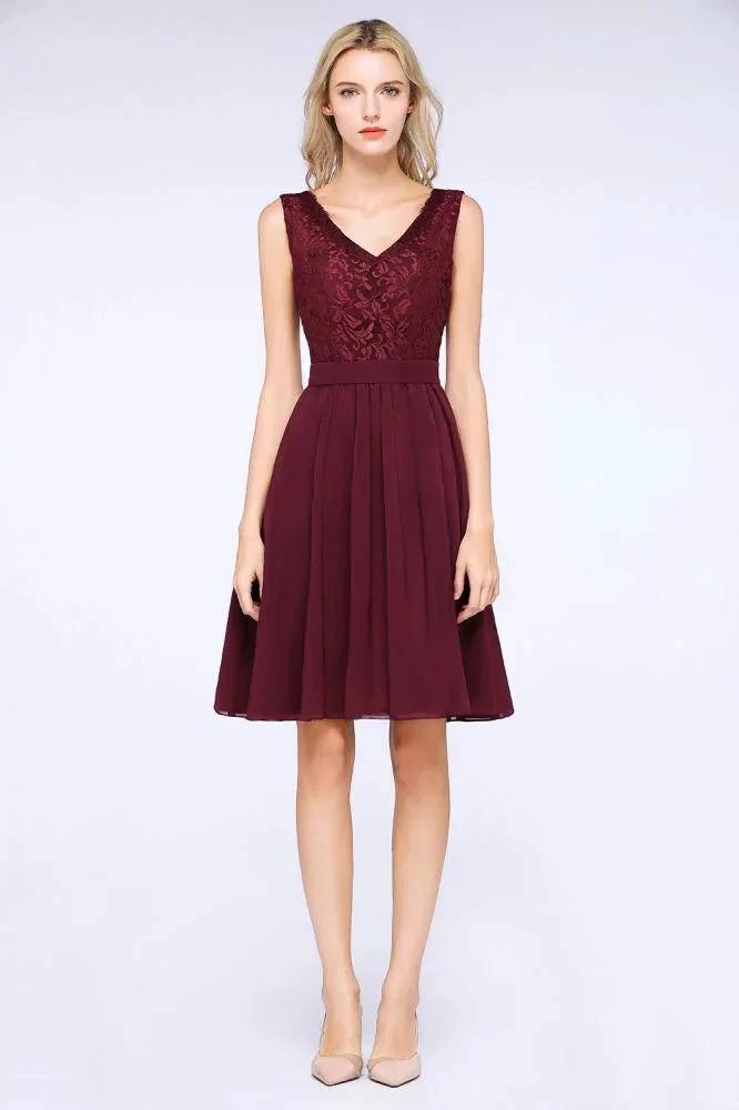 A-Line Ruffles Chiffon Lace V-Neck Evening Party Dress Sleeveless Knee-Length Homecoming Dress by misshow.com