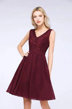 A-Line Ruffles Chiffon Lace V-Neck Evening Party Dress Sleeveless Knee-Length Homecoming Dress by misshow.com