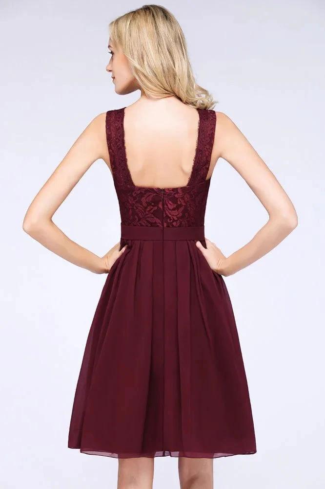 A-Line Ruffles Chiffon Lace V-Neck Evening Party Dress Sleeveless Knee-Length Homecoming Dress by misshow.com