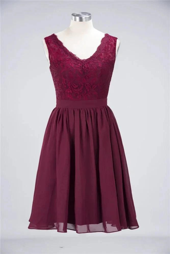 A-Line Ruffles Chiffon Lace V-Neck Evening Party Dress Sleeveless Knee-Length Homecoming Dress by misshow.com
