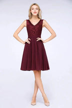 A-Line Ruffles Chiffon Lace V-Neck Evening Party Dress Sleeveless Knee-Length Homecoming Dress by misshow.com