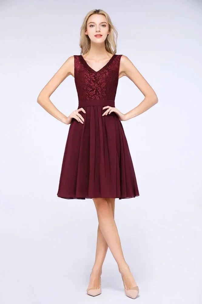 A-Line Ruffles Chiffon Lace V-Neck Evening Party Dress Sleeveless Knee-Length Homecoming Dress by misshow.com