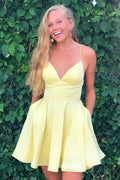 Robe de bal jaune en satin ligne A ajustée et évasée avec poches PD333