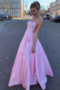 Une robe de bal rose en satin longue jusqu'au sol de ligne A avec poches PSK133