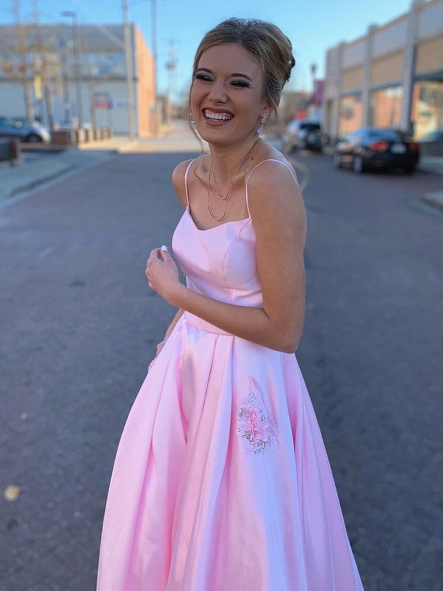 Vestidos de baile longos em cetim com estampado floral e bolsos, costas nuas, vestidos de cerimónia de finalistas