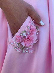 A Line Satin Floral Long Prom Dresses with Pockets Backless Formal Graduation Evening Gowns
