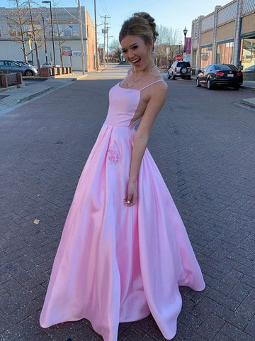 A-Linie Satin Blumen Lange Ballkleider mit Taschen Rückenfreies Formelles Abschluss-Abendkleid