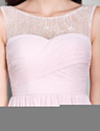 A-Line Scoop Neck Ankle Length Chiffon Bridesmaid Dress with Lace / Criss Cross