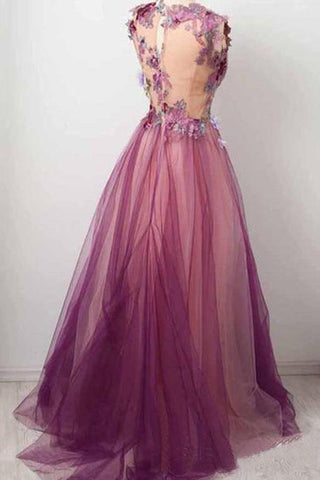 Burgunderrotes Ballkleid mit U-Ausschnitt und appliziertem Tüll und Blumenmuster in A-Linie PSK007