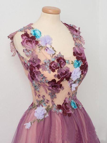 A line Scoop Neck Appliqued Tulle Flower Burgundy Prom Dress PSK007