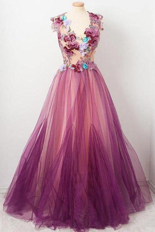 Burgunderrotes Ballkleid mit U-Ausschnitt und appliziertem Tüll und Blumenmuster in A-Linie PSK007