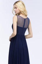 A-line Scoop Neck Bridesmaid Dress Chiffon Appliques Floor-Length Evening Maxi Gown Sleeveless