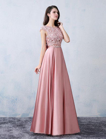 A-line Satin Applique Modest Pink Prom Dress Evening Dress PSK065