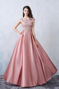 Vestido de Noche de Baile de Graduación Modesto Rosa con Aplicaciones de Satén en Línea A PSK065
