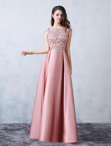 A-line Satin Applique Modest Pink Prom Dress Evening Dress PSK065