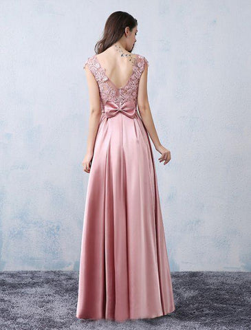 A-line Satin Applique Modest Pink Prom Dress Evening Dress PSK065