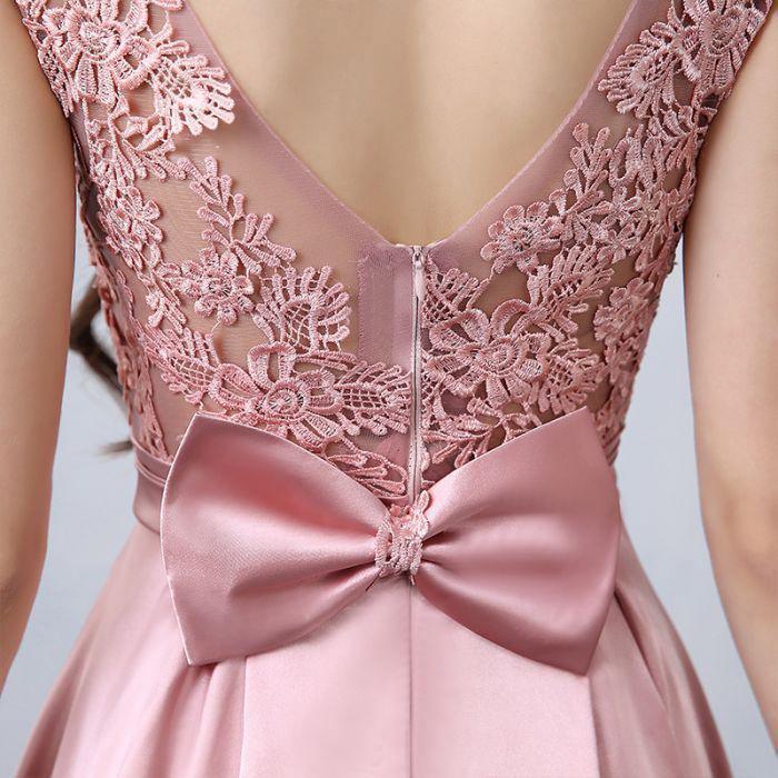 Vestido de festa modesto cor-de-rosa com apliques de cetim em linha A PSK065