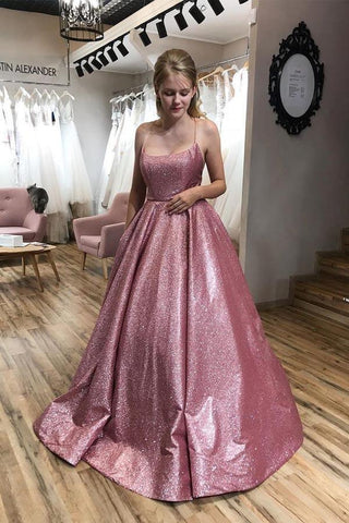A-line Scoop Spaghetti Straps Sparkle Prom/Evening Dress with Pockets PSK163