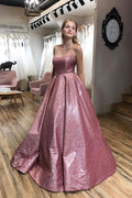 Abito da sera/sposa a linea A scollato a cucchiaio con bretelline spaghetti scintillanti e tasche PSK163