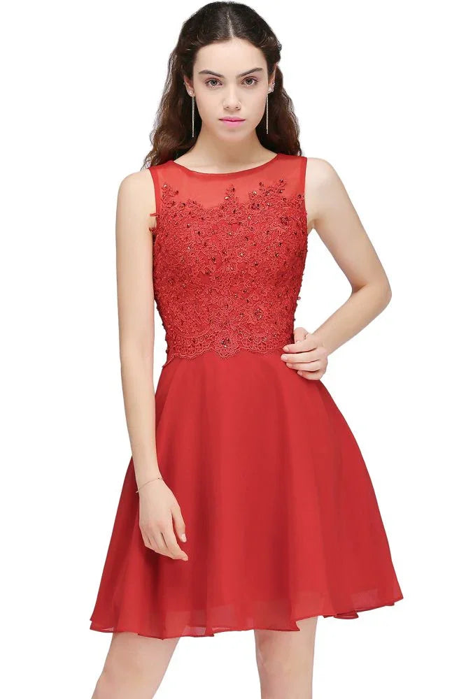 A-Line Kurz Chiffon Rot Homecoming-Kleider mit Spitzenapplikationen