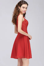 A-Line Kurz Chiffon Rot Homecoming-Kleider mit Spitzenapplikationen