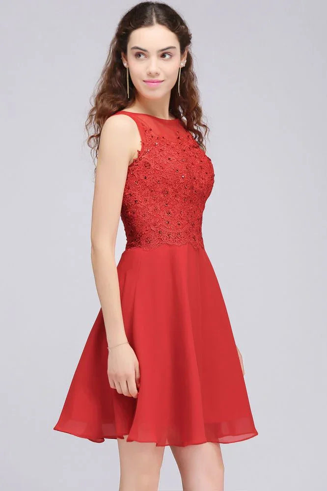A-Line Kurz Chiffon Rot Homecoming-Kleider mit Spitzenapplikationen