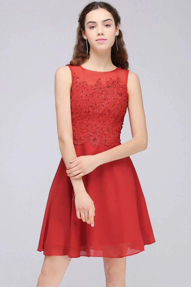 A-Line Kurz Chiffon Rot Homecoming-Kleider mit Spitzenapplikationen