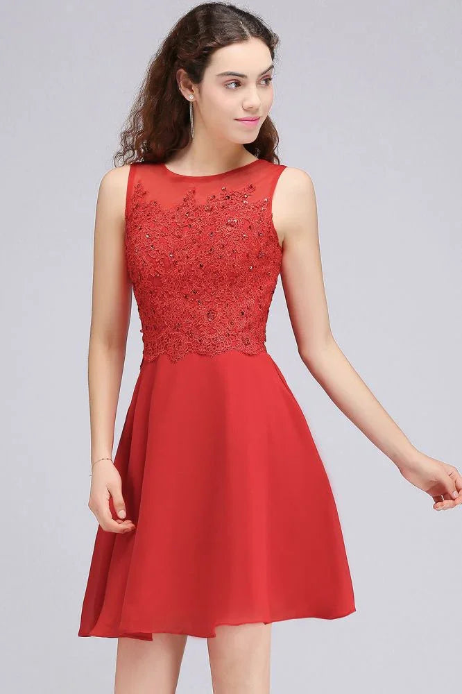 A-Line Kurz Chiffon Rot Homecoming-Kleider mit Spitzenapplikationen